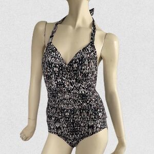Badgley Mischka One-Piece Halter Bathing Suit, Animal Print Maillot